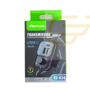 CARREGADOR TRANSMISSOR VEICULAR RADIO FM TYPE-C VERDE CZ-C24
